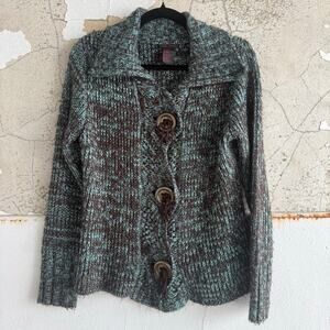Y2K Chunky Cardigan Marled Knit Sweater Brown Aqua Rustic Cottagecore Womens S